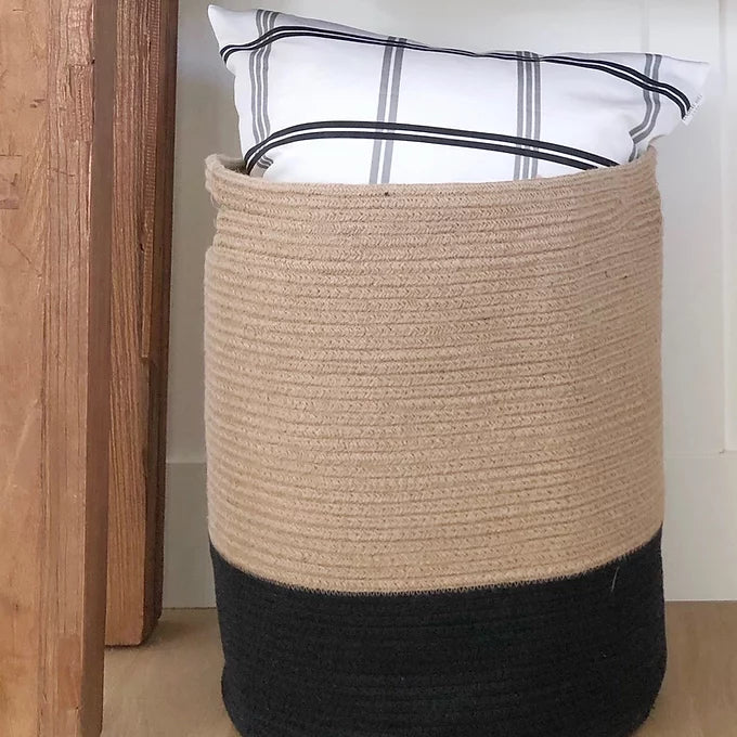black and jute rope laundry basket